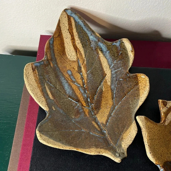 Handmade Pottery Blue Brown Drip Glaze Oak and Maple Leaf Trinket Trays - Picture 3 of 8